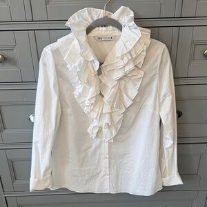 Zara White Ruffled Front Button Blouse
